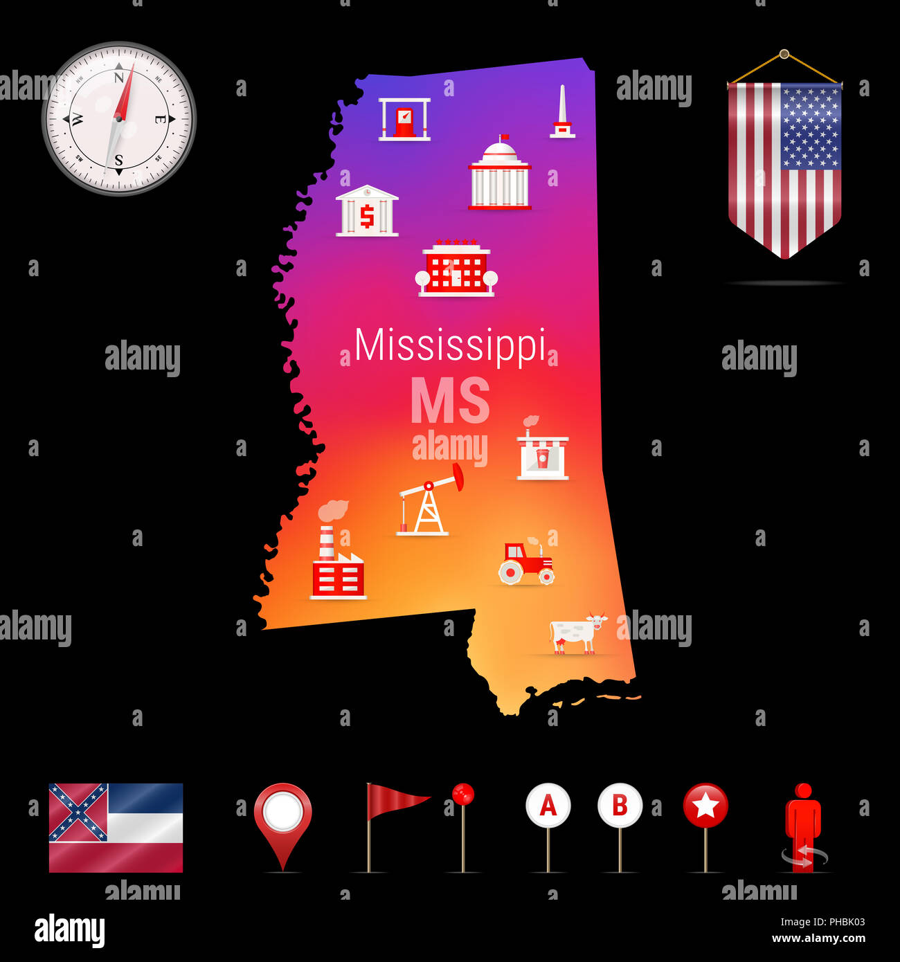 Mississippi Karte, Nacht. Das Symbol Kompass, Karte Navigationselemente. Wimpel Flagge der Vereinigten Staaten. Flagge von Mississippi. Verschiedene Branchen, Econom Stockfoto