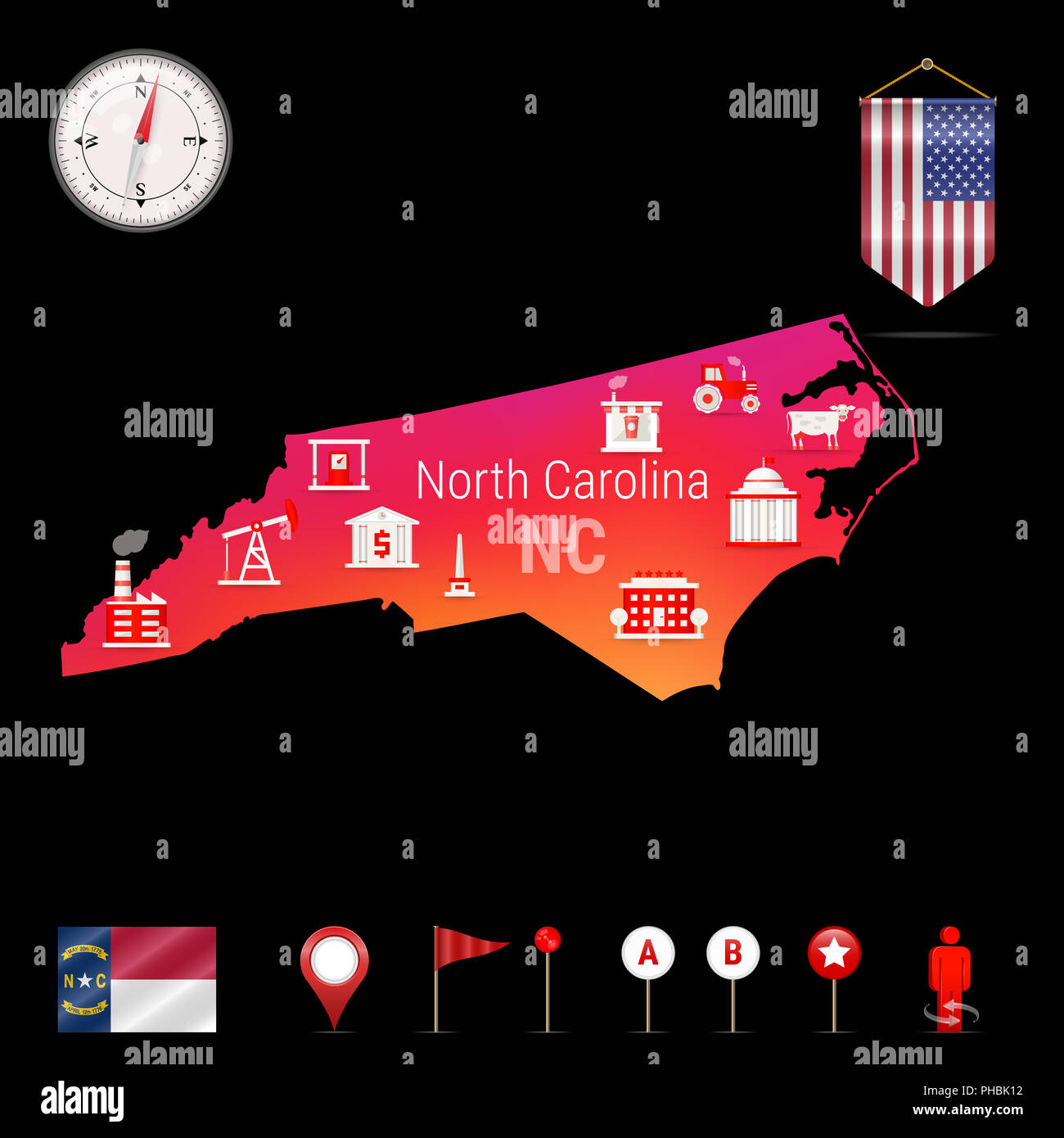 North Carolina Karte, Nacht. Das Symbol Kompass, Karte Navigationselemente. Wimpel Flagge der Vereinigten Staaten. Flagge von North Carolina. Verschiedene Branchen, Stockfoto