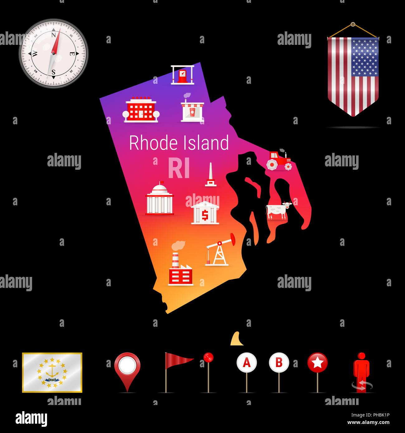 Rhode Island Karte, Nacht. Das Symbol Kompass, Karte Navigationselemente. Wimpel Flagge der Vereinigten Staaten. Flagge von Rhode Island. Verschiedene Branchen, Econ Stockfoto