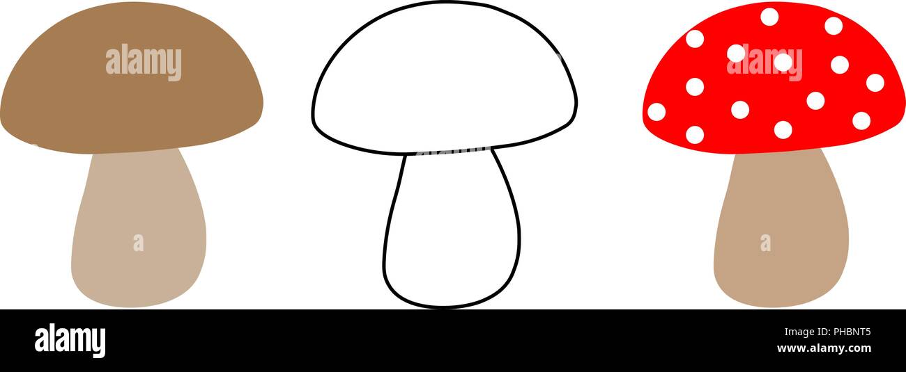 Giftige und gemeinsamen Pilz. Satz von Pilzen. Zeichnungen für Kinder zum Ausmalen. Lernen elementar. Stock Vektor