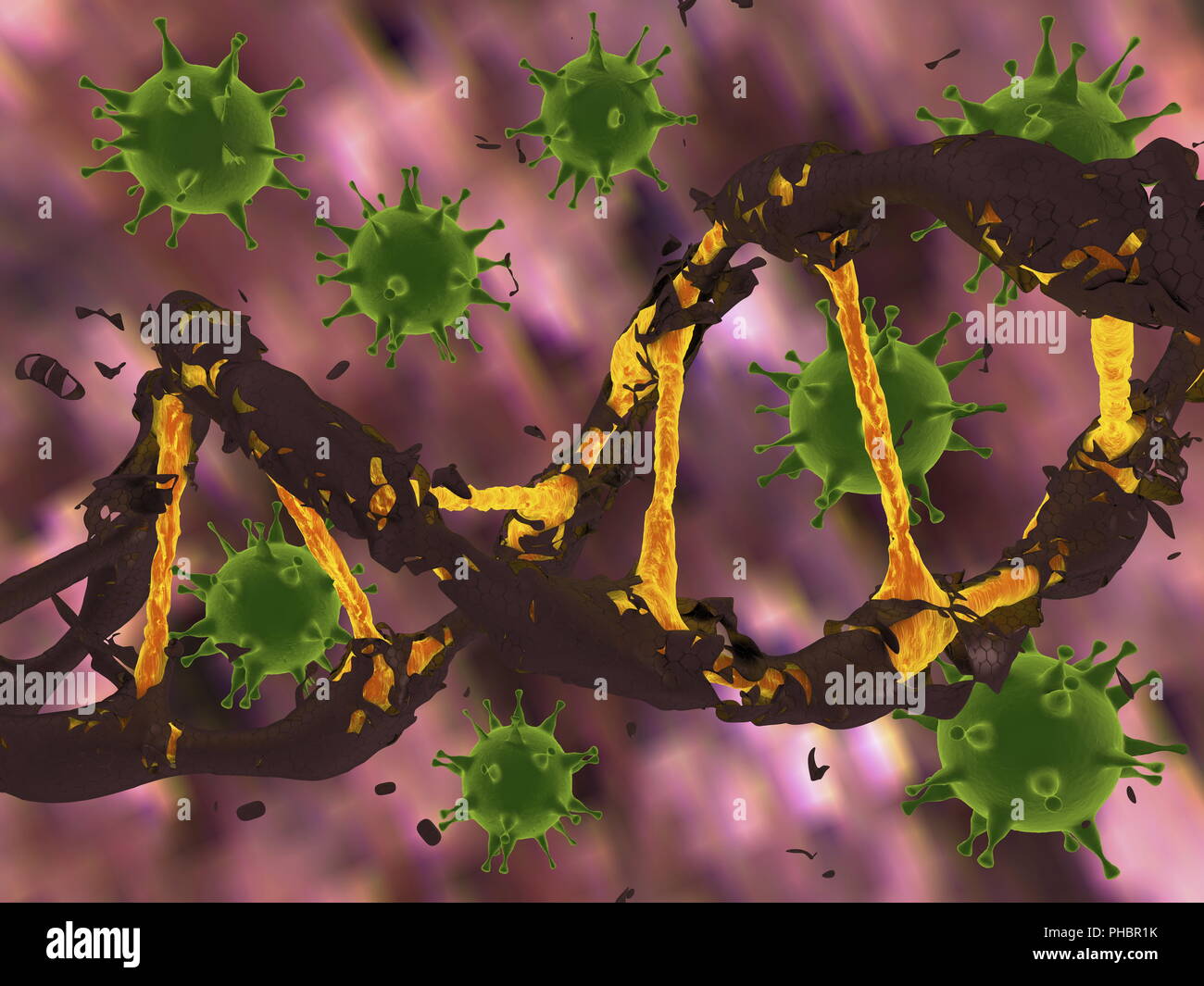 Viren in grüner Farbe mit DNA Stockfoto