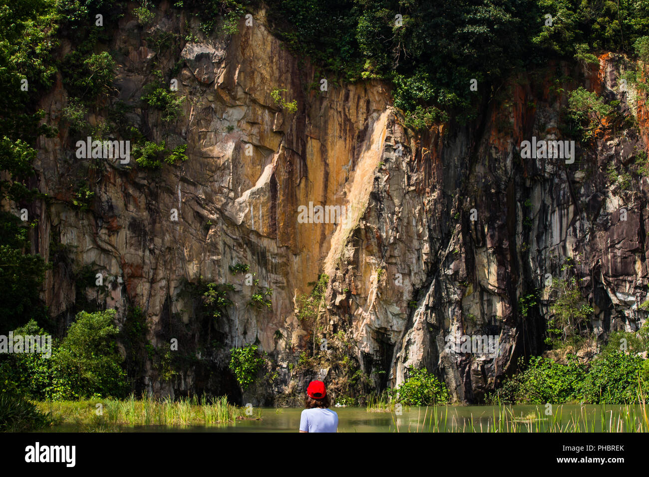 Rückansicht einer Frau in roter Kappe, sie entspannt sich und verbindet sich mit der Natur in einem Teich Steinbruchpark. Singapur. Stockfoto