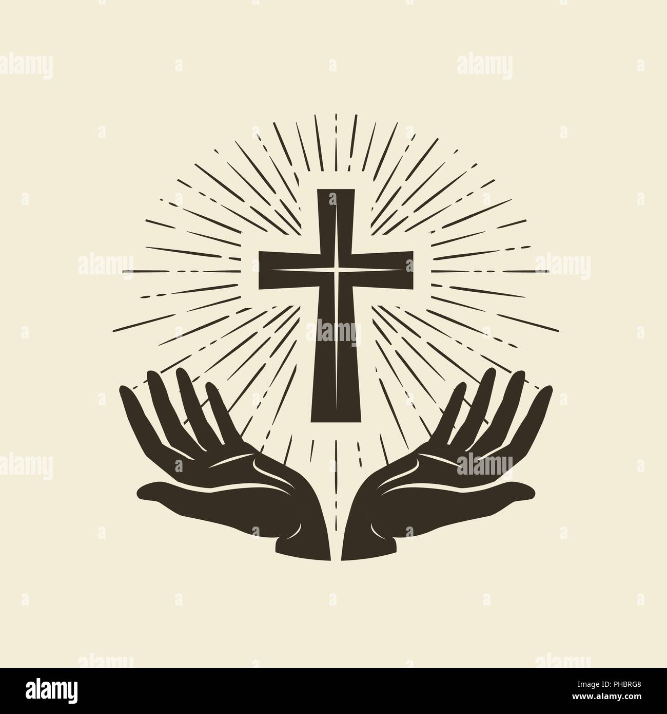 Christentum Symbol für Jesus Christus. Kreuz, Gottesdienst Logo. Vintage Vector Illustration Stock Vektor