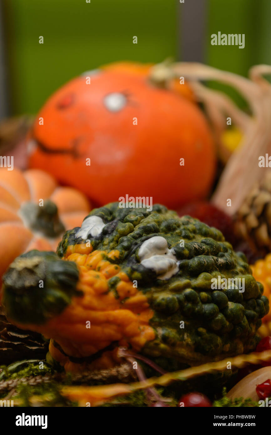 Bunte kürbisse als Herbst Dekoration - Gesichter Stockfoto