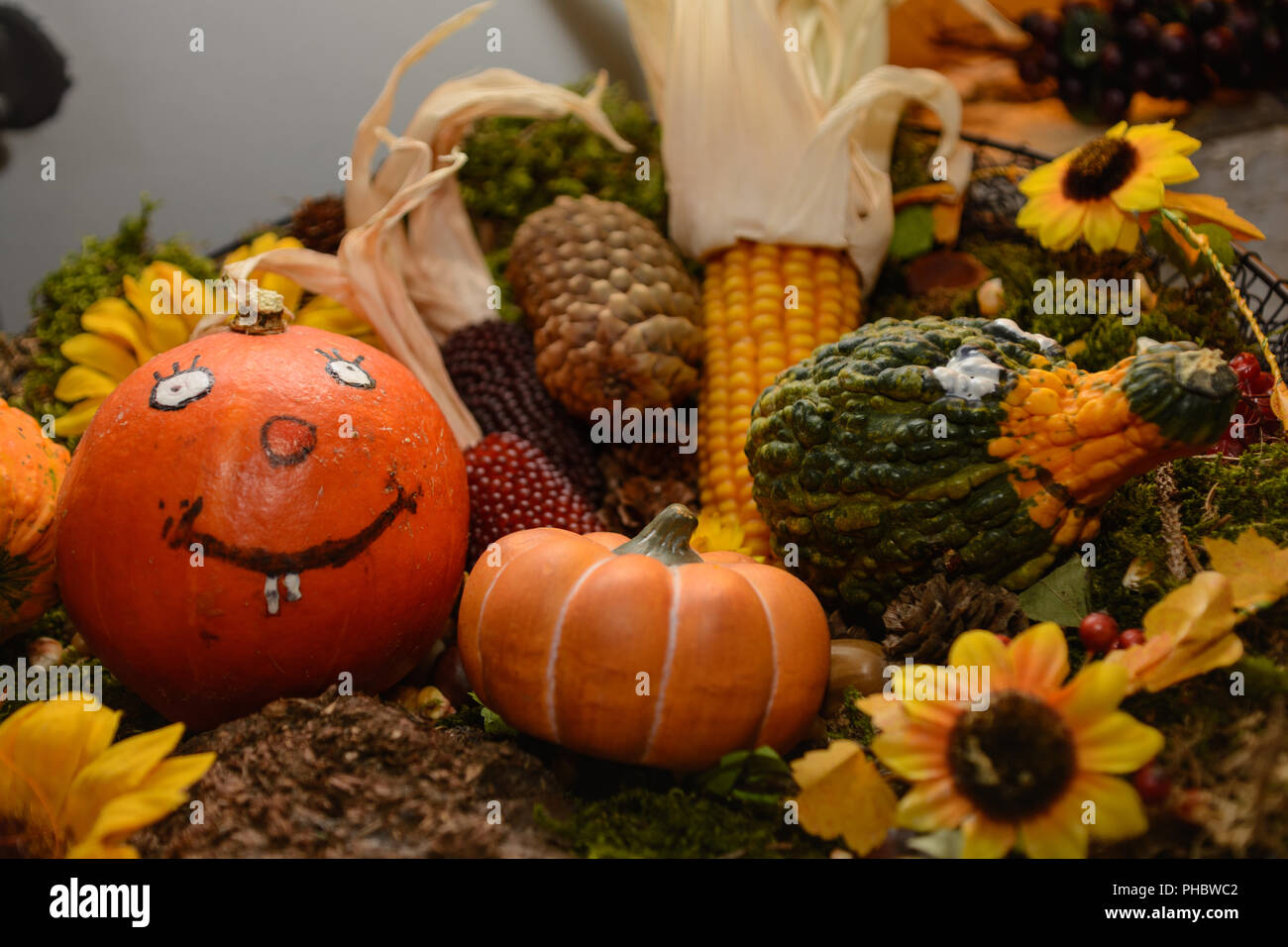 Farbenfrohe Einrichtung mit bemalten Kürbissen - Halloween Stockfoto