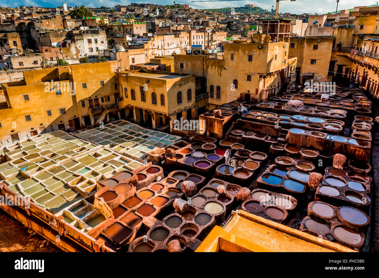 Färben Bottiche, Gerbereien, Fes, Marokko, Nordafrika, Afrika Stockfoto