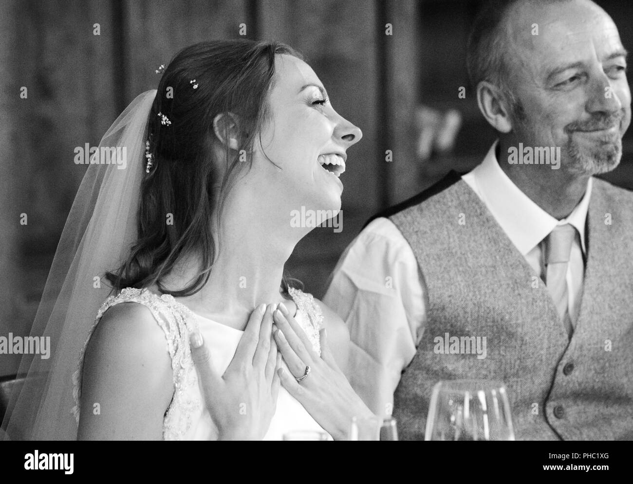 Foto: © Jamie Callister. Die Hochzeit von Felix und Maria Hughes. Tysilio Kirche und das Chateau Rhianfa, Menai Straits, Anglesey, Nordwales, Stockfoto