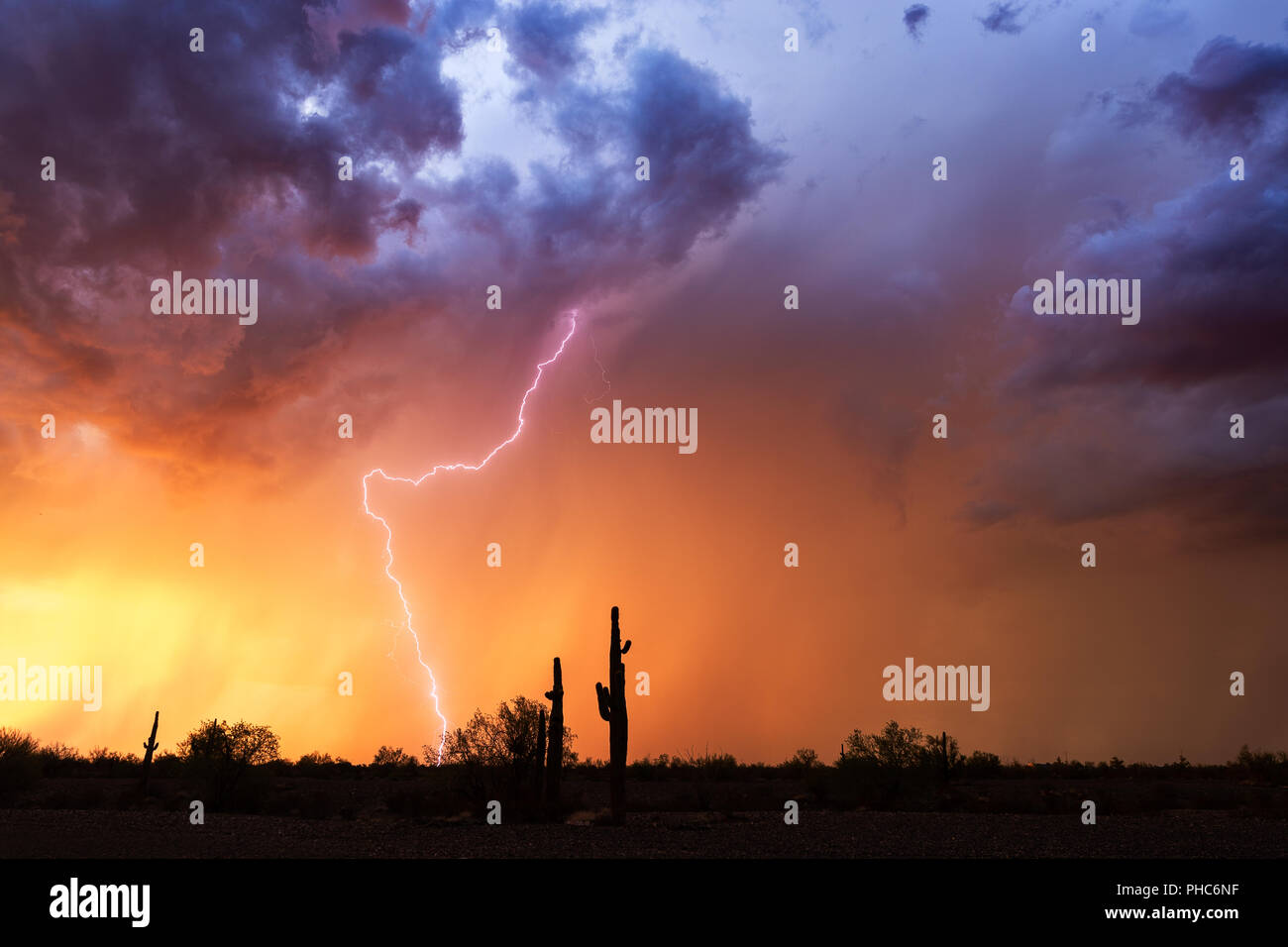 Die Wüstenlandschaft von Arizona bei Sonnenuntergang mit Blitz, dramatischen Sturmwolken und farbenfrohem Himmel Stockfoto