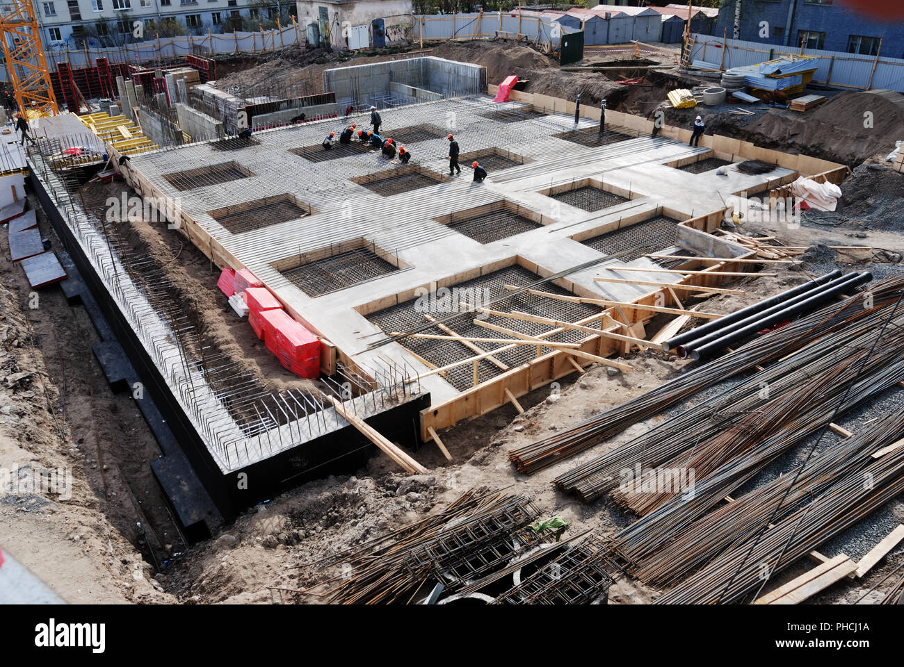 Bau von betonfundament von Gebäude Stockfoto