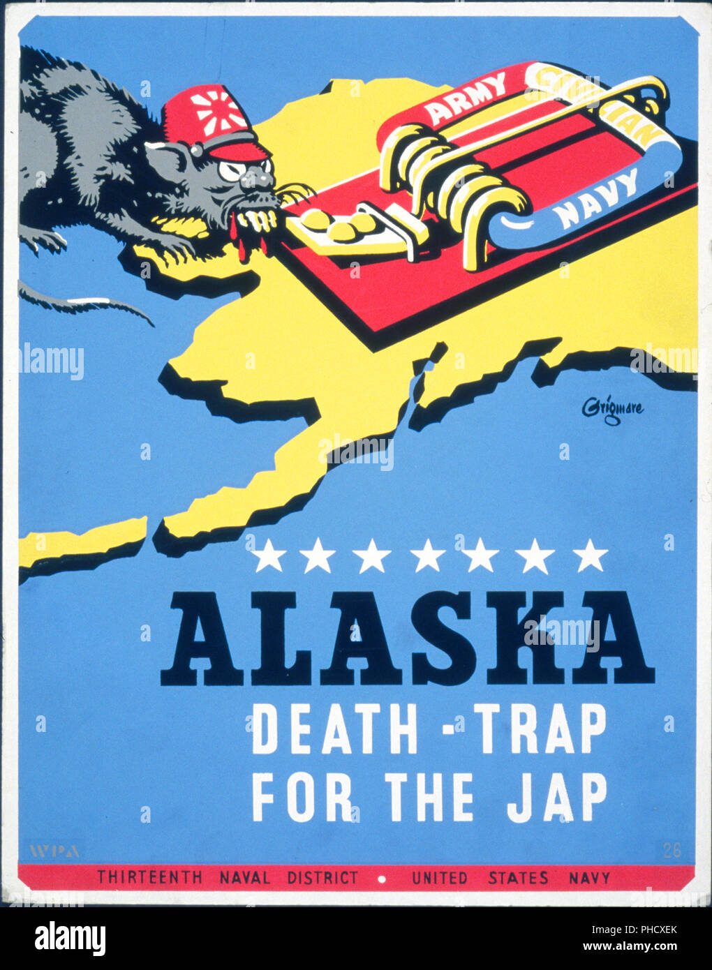 Plakat für 13 Naval Bezirk, United States Navy, eine Ratte, die Japan, nähert sich eine Mausefalle mit der Bezeichnung 'Army Navy Zivile", auf einem Hintergrund Karte von Alaska. Stockfoto