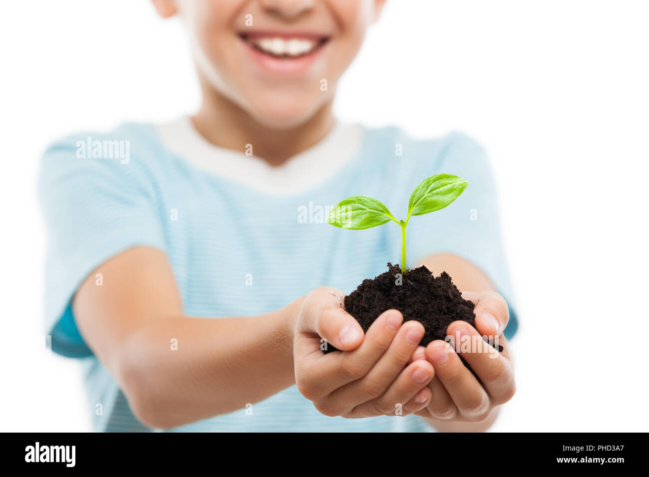 Stattliche lächelndes Kind Junge holding Boden wachsenden Grün sprießen Blatt Stockfoto
