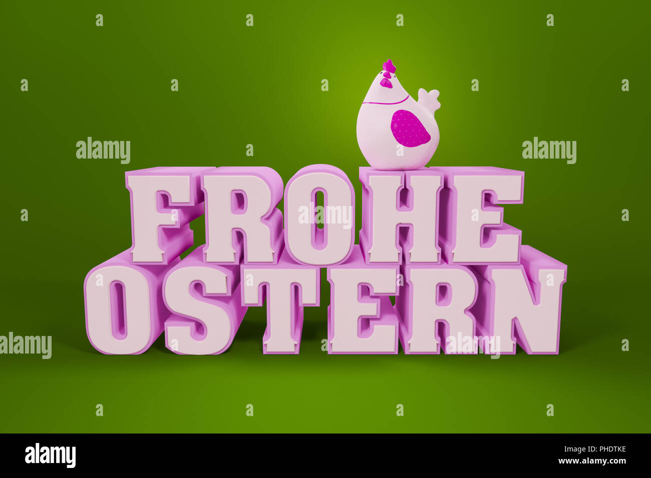 Die worte Frohe Ostern in deutscher Sprache mit einem Huhn Stockfoto