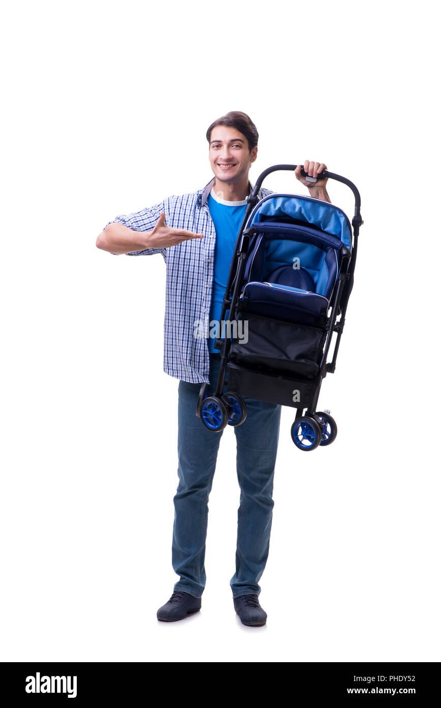 Junge Vater mit Baby Kinderwagen isoliert auf weißem Stockfoto