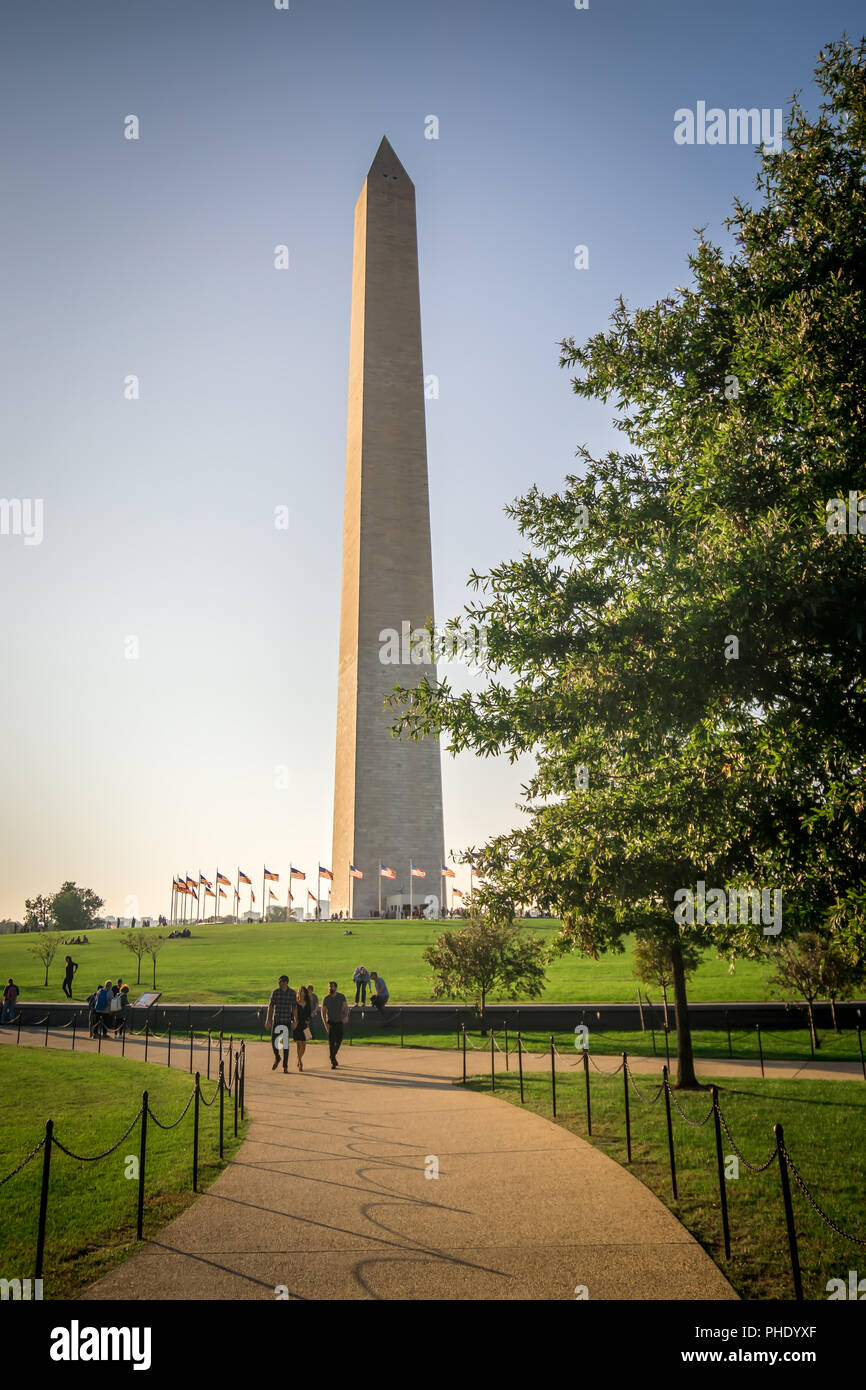 Washington Dc Memorial Tower Denkmal bei Sonnenuntergang Stockfoto