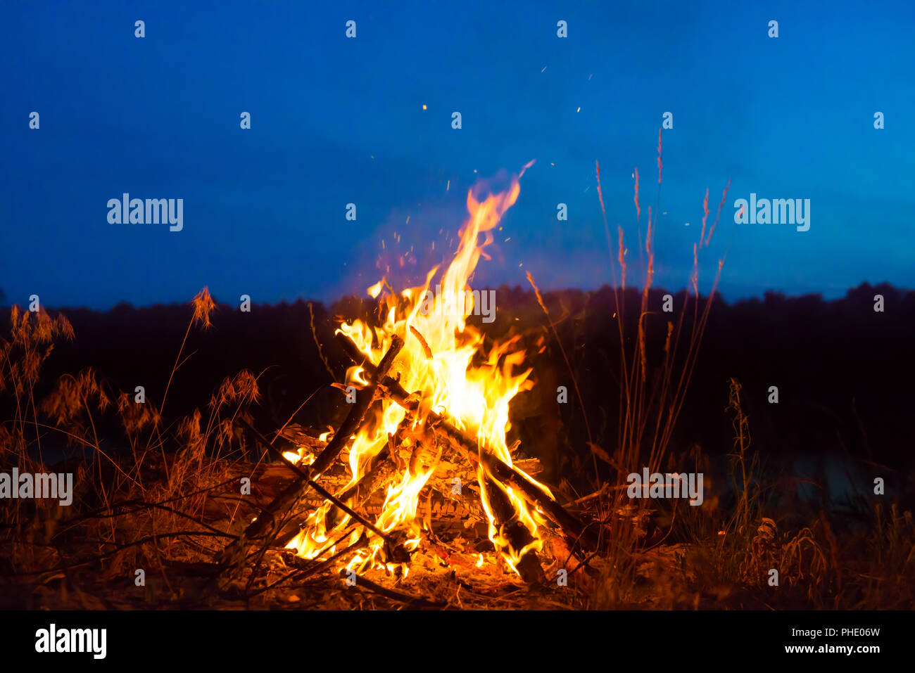 Lagerfeuer in der Nacht in den Wald Stockfoto