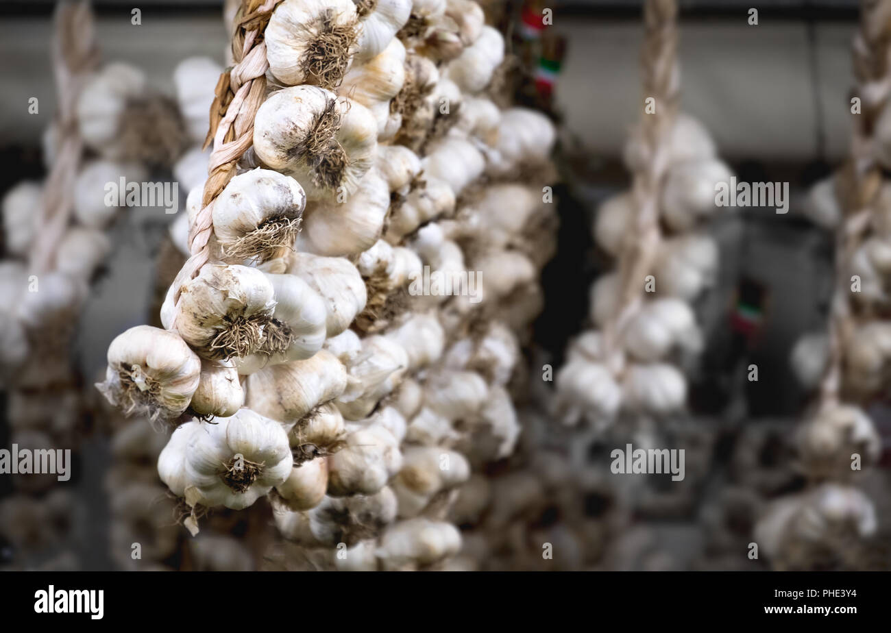 Italienische Markt Knoblauch string hängen Hintergrund Stockfoto