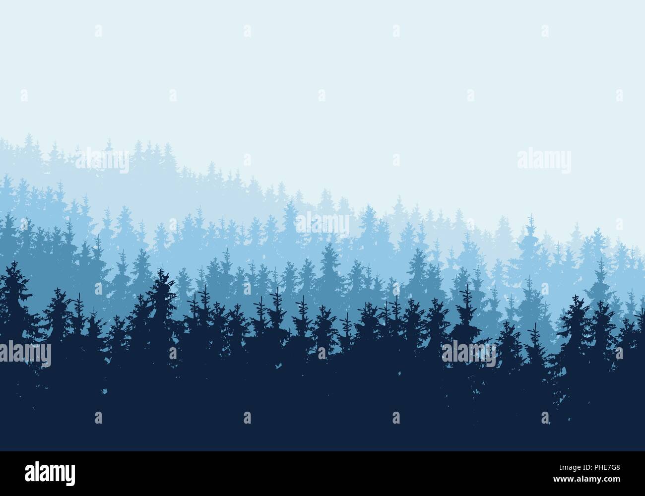 Vektor realistische Abbildung von Nadelwald mit blauen Bäume und Tannen in mehreren Schichten, unter winterlichen Himmel und Nebel. Horizontale mit Platz fo Stock Vektor