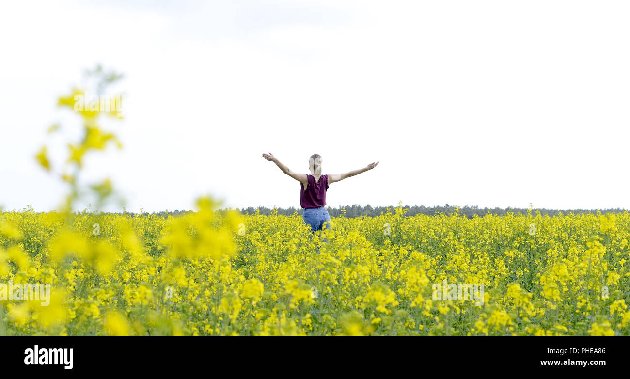 Frau Jubel im Rapsfeld, Rückansicht Stockfoto