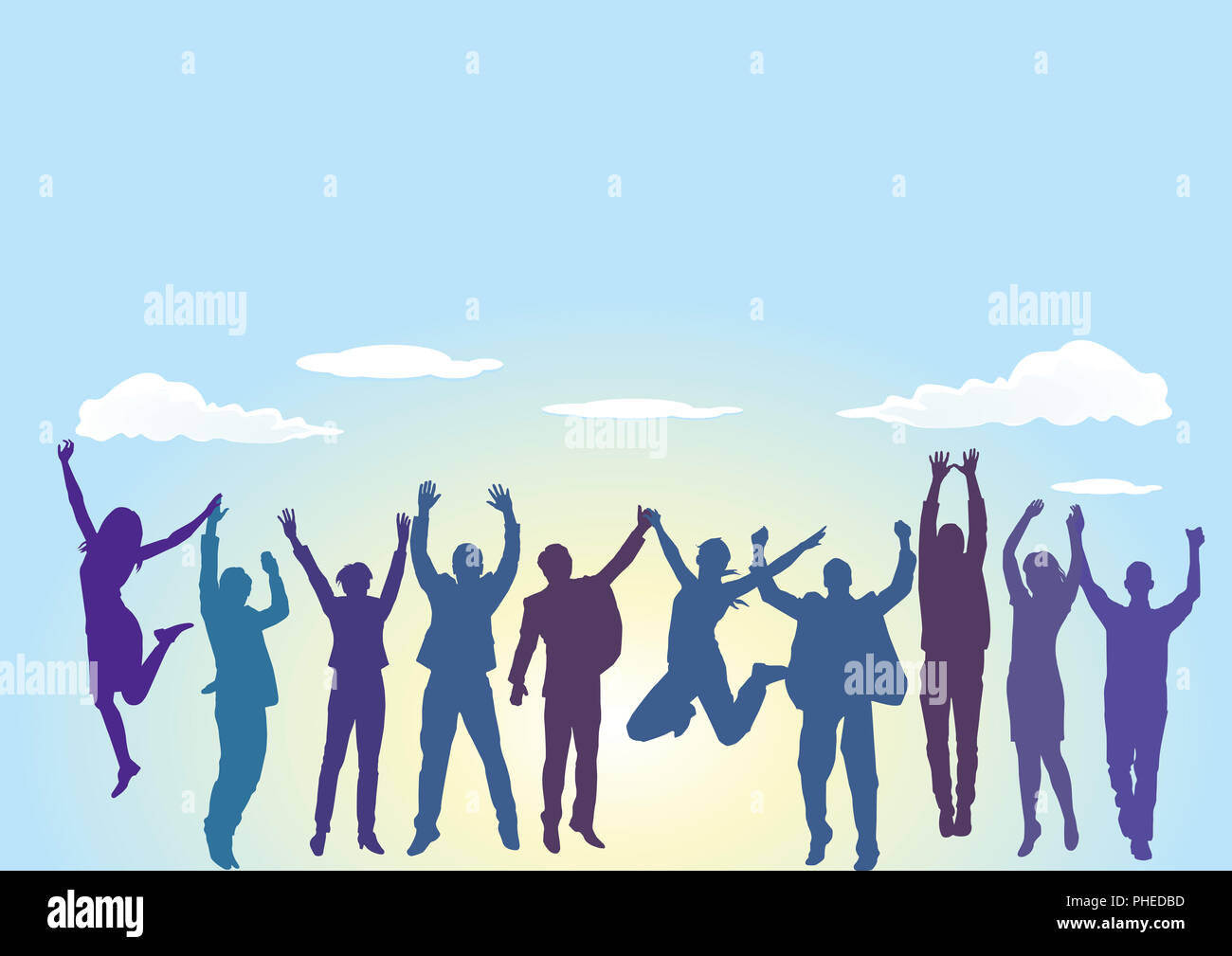 Viele Grüße und viel Spaß in der Gruppe der Menschen Stockfoto