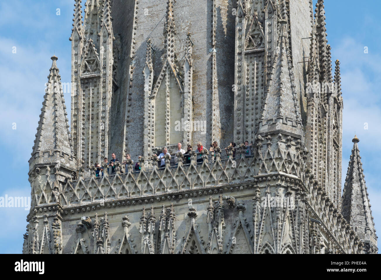 Touristen, die von der höchsten Spitze Großbritanniens an der Kathedrale von Salisbury, Wiltshire, UK Stockfoto