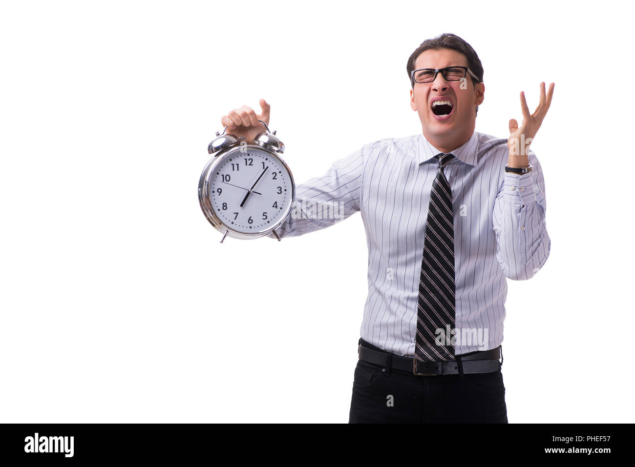 Junge Unternehmer in der Zeit Management Konzept auf weißem Hintergrund Stockfoto