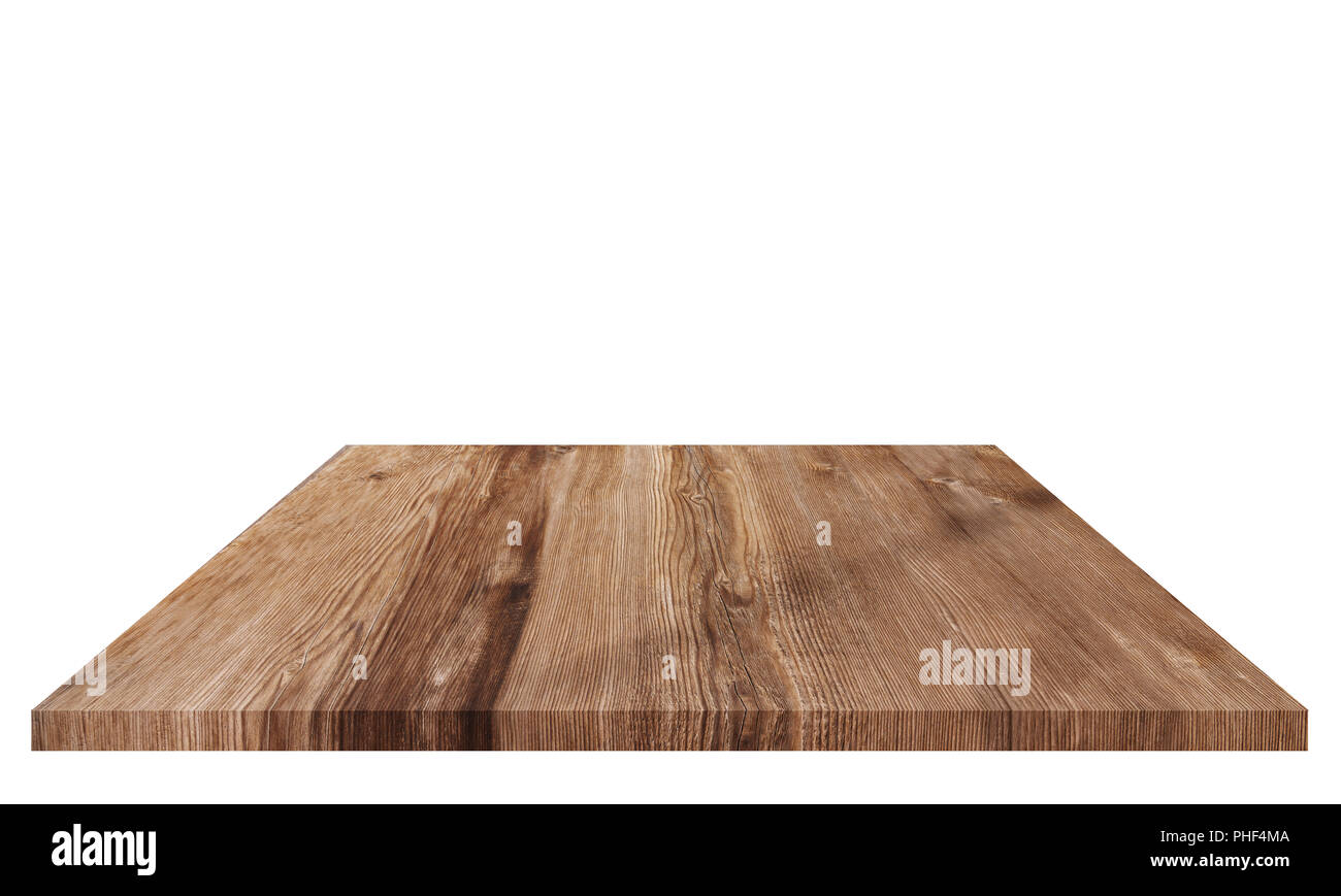 Holz Tischplatte für Hintergrund, auf weißem Hintergrund mit Freistellungspfad isoliert Stockfoto