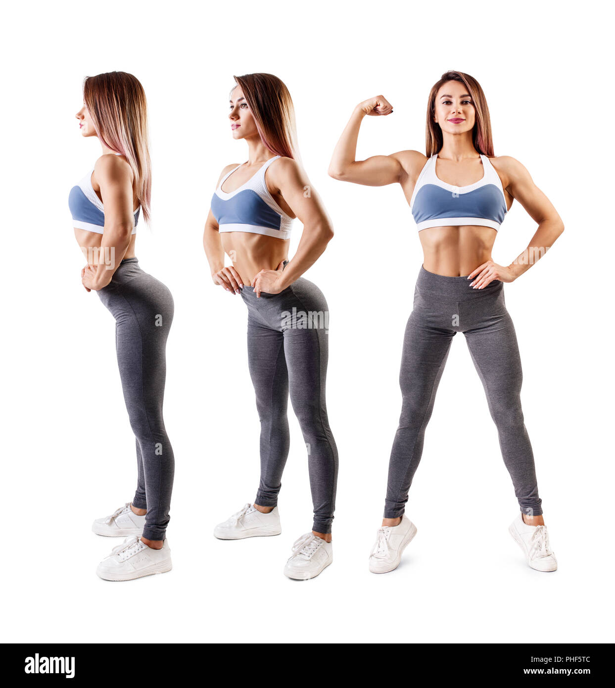 Collage der jungen Frau in Sportkleidung demonstriert ihre Muskulatur athletischer Körper. Stockfoto