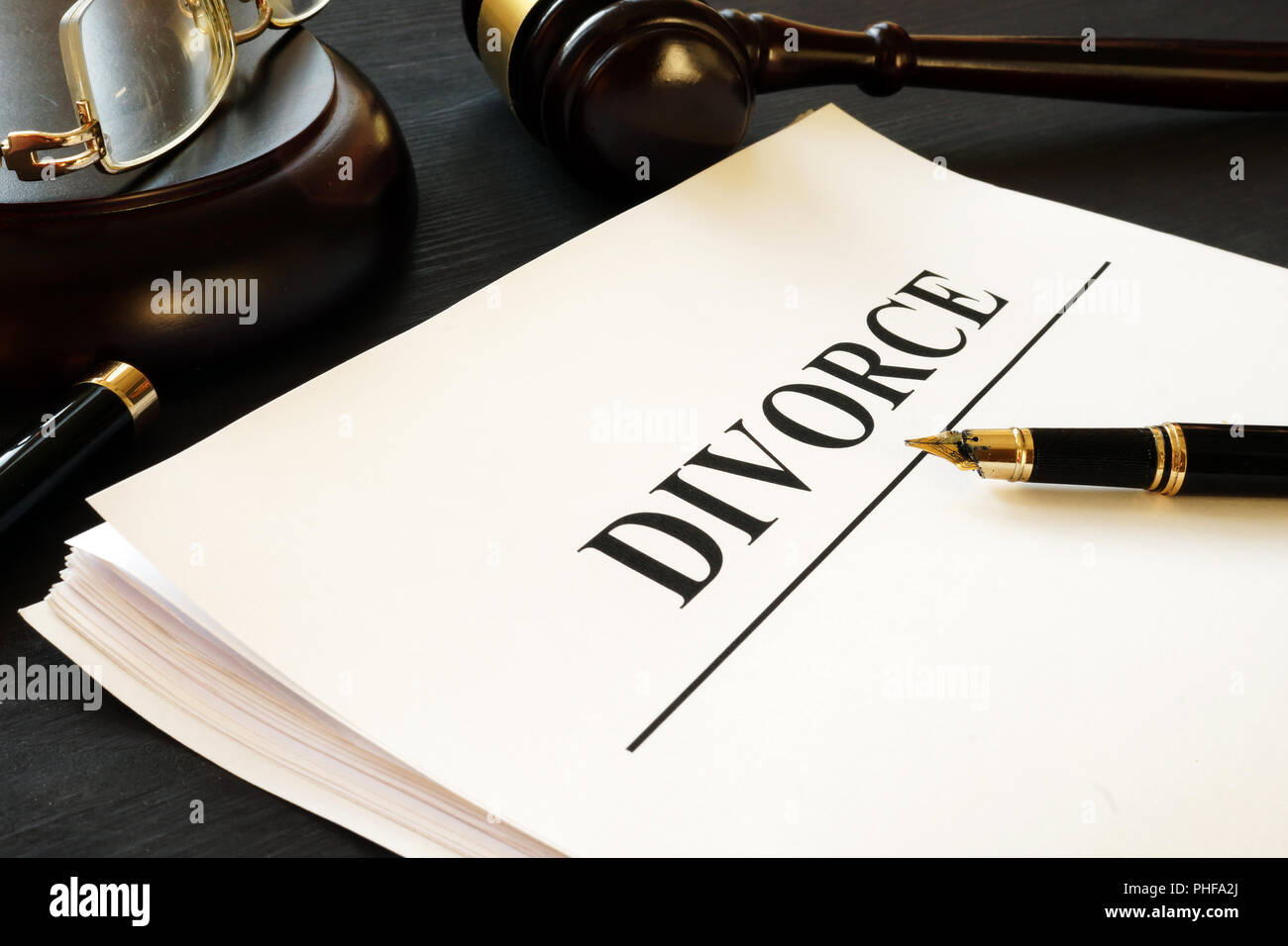 Scheidung Dokumente in einem Gericht. Trennung und Unterhalt. Stockfoto