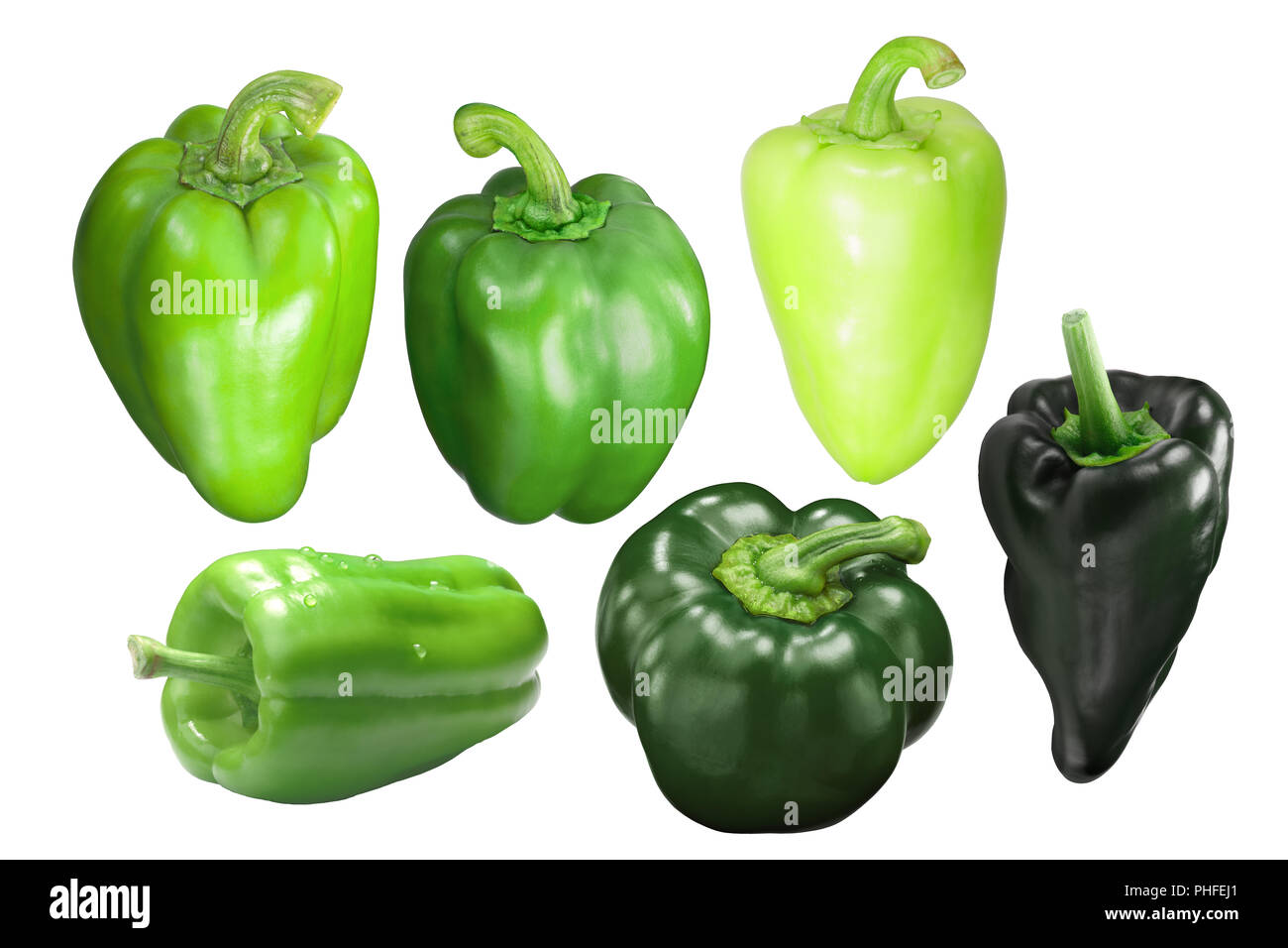 Grüne Paprika (Capsicum annuum), verschiedene Sorten, ganz, Hülsen Stockfoto