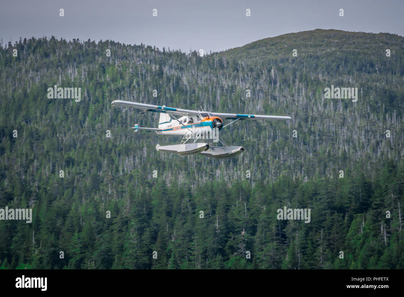 Einzelne Prop Flugzeug Ponton Flugzeug Wasserlandung Alaska Last Frontier Stockfoto