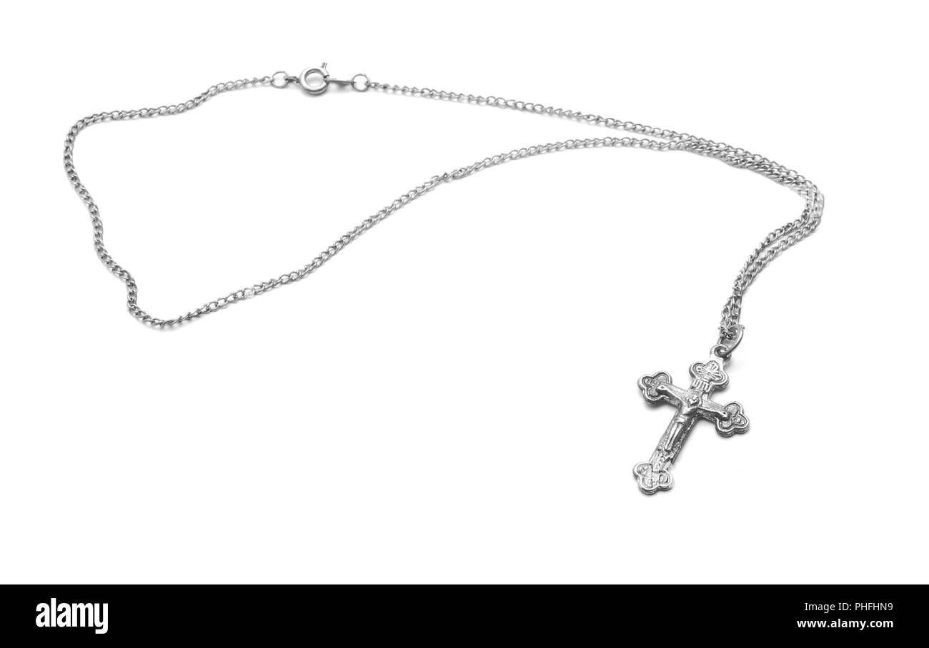 Silber Halskette mit Kreuz isoliert auf weißem Stockfoto