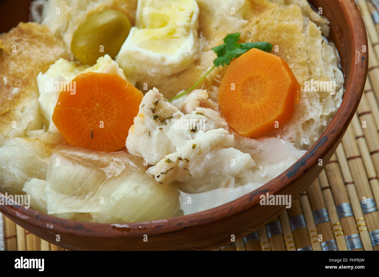 Portugiesische Acorda de Bacalhau Stockfoto