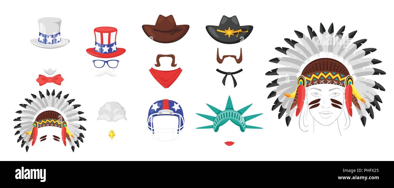 Vektor cartoon style Set von USA Symbole Gesicht Element oder Karneval Maske. Deko Objekt für Ihr selfie foto und video chat Filter. Amerikanischen Symbolen. Ist Stock Vektor