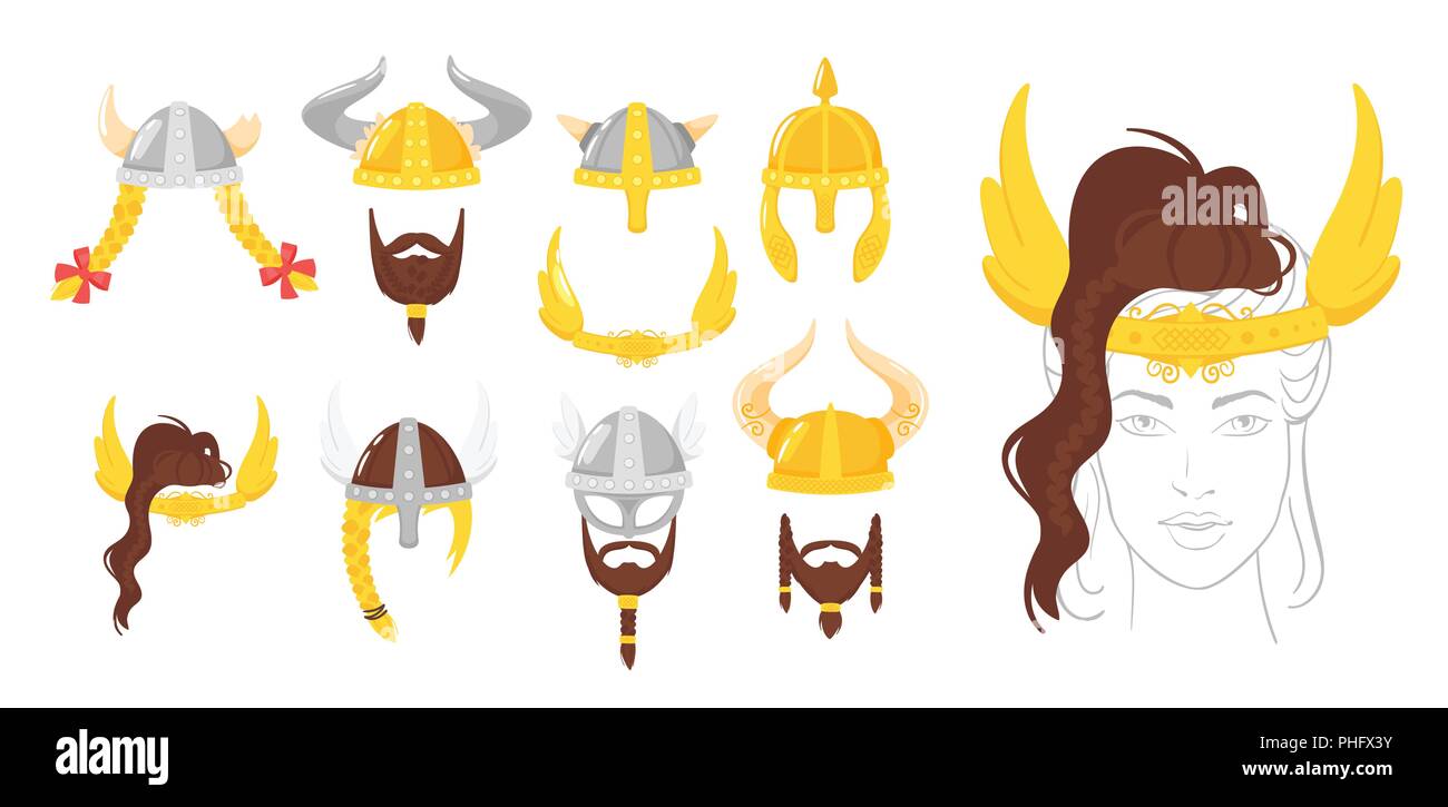 Vektor cartoon style Set von Viking Gesicht Element oder Karneval Maske. Deko Objekt für Ihr selfie foto und video chat Filter. Viking gehörnte Helme ein Stock Vektor