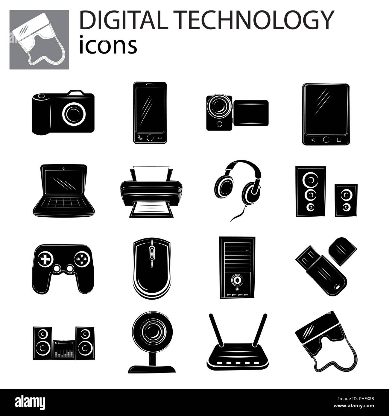 Die digitale Technik, Gadgets schwarz auf weißem Hintergrund Stock