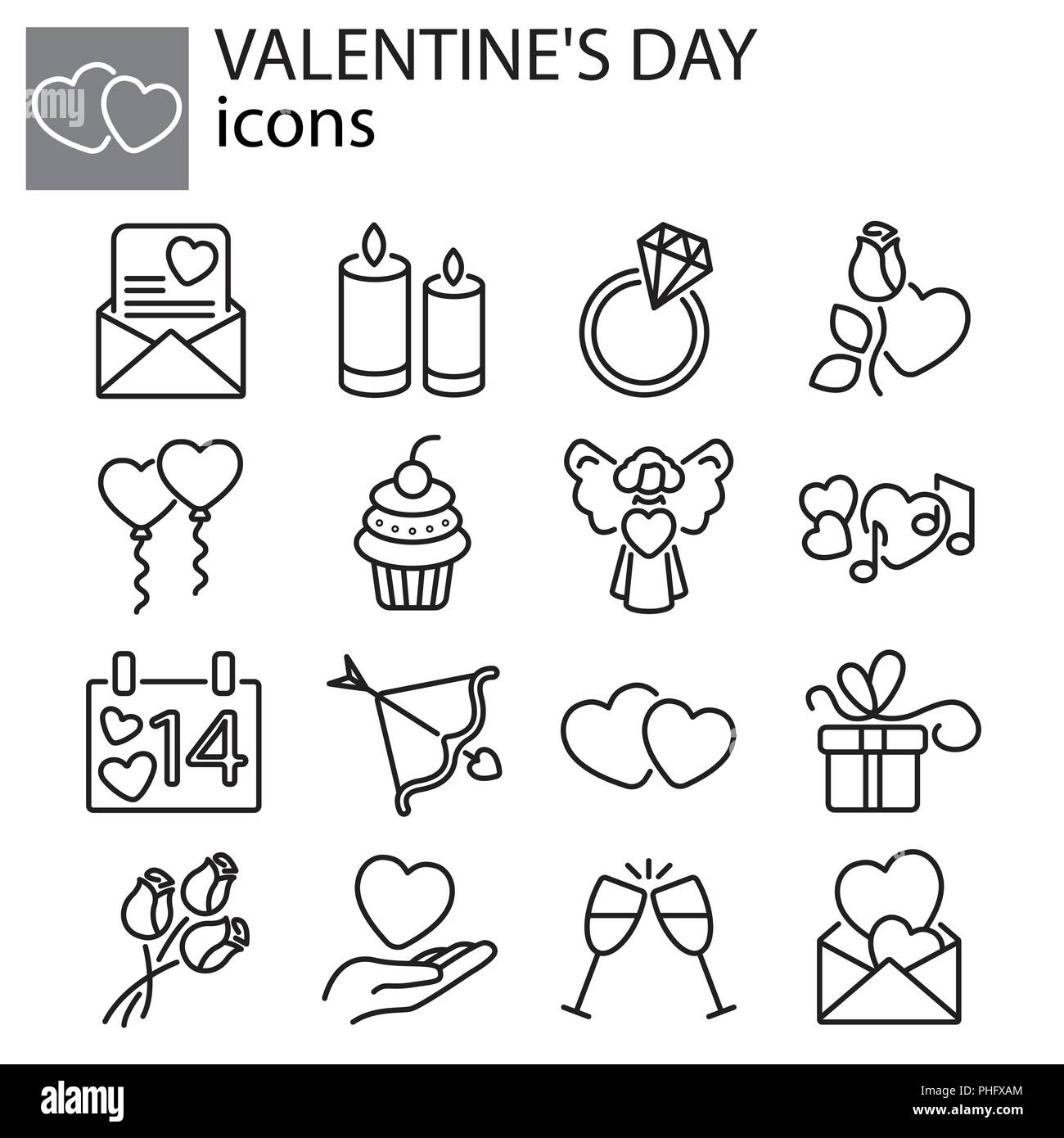 Web Icons Set - Valentinstag schwarz auf weißem Hintergrund Stock Vektor
