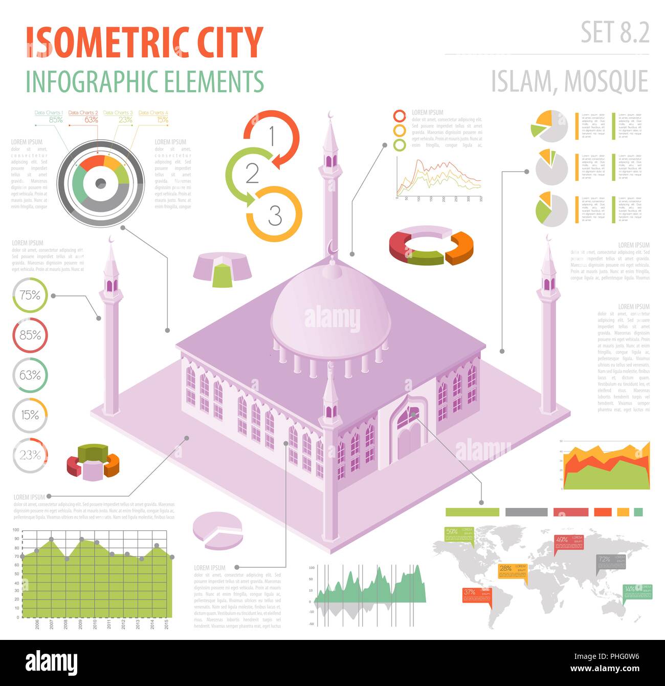 Wohnung 3 d Isometrische islamische Moschee und Stadtplan Konstruktor Elemente wie Gebäude, Minarett, Garten isoliert auf Weiss. Erstellen Sie Ihre eigenen Infografik co Stock Vektor