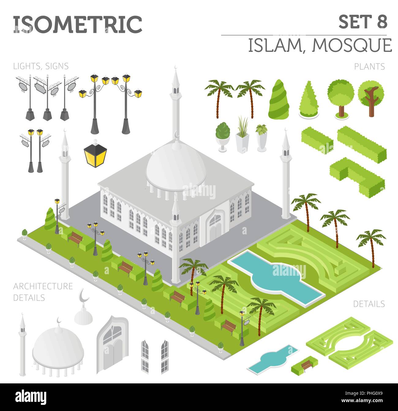 Wohnung 3 d Isometrische islamische Moschee und Stadtplan Konstruktor Elemente wie Gebäude, Minarett, Garten isoliert auf Weiss. Erstellen Sie Ihre eigenen Infografik co Stock Vektor