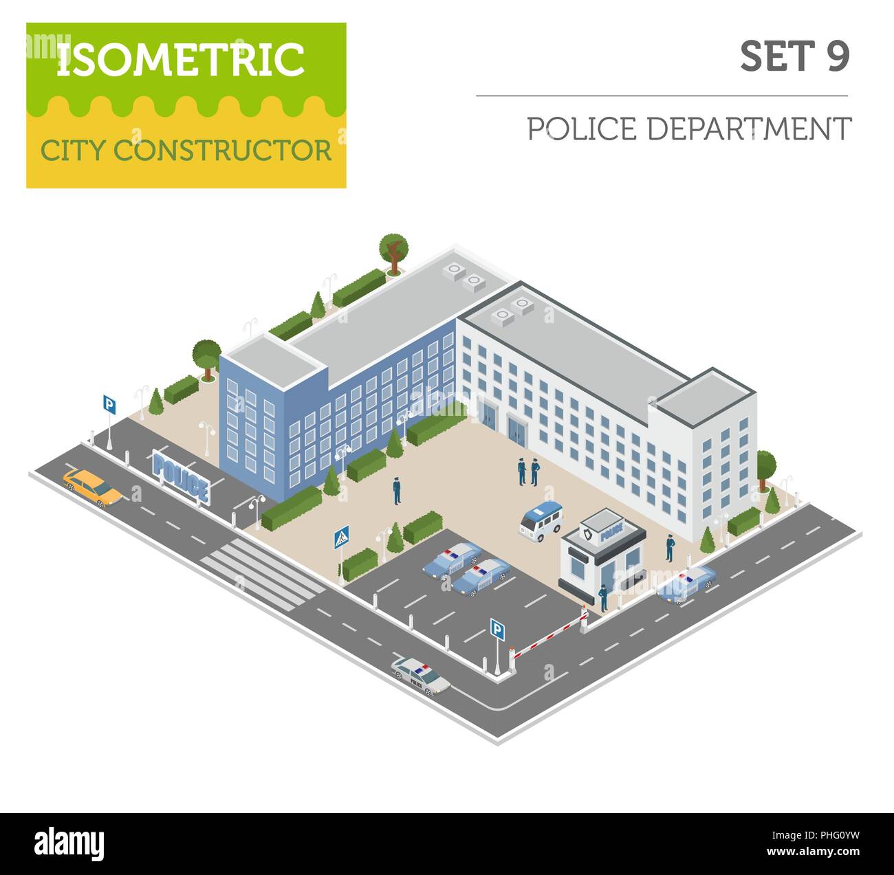Wohnung 3 d isometrische Polizei und Stadtplan Konstruktor Elemente wie Gebäude, Polizei, Auto, Parkplatz isoliert auf Weiss. Bauen Sie Ihr Eigenes Stock Vektor