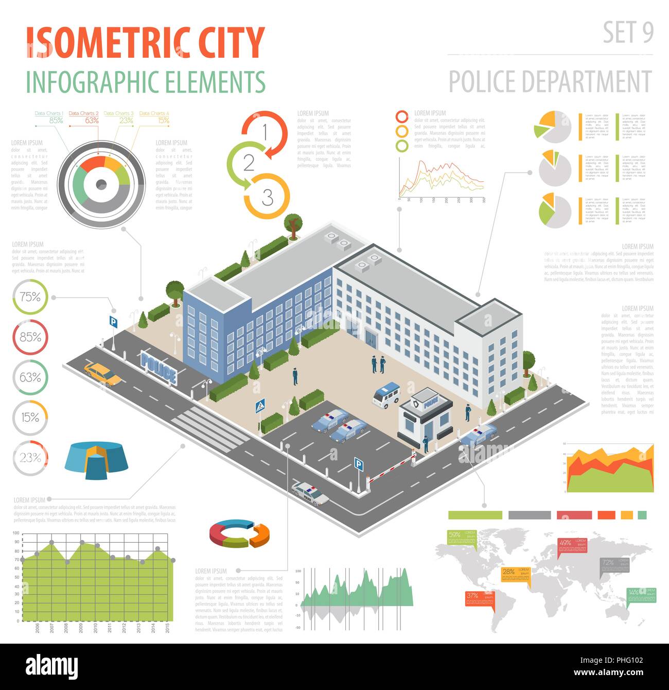 Wohnung 3 d isometrische Polizei und Stadtplan Konstruktor Elemente wie Gebäude, Polizei, Auto, Parkplatz isoliert auf Weiss. Bauen Sie Ihr Eigenes Stock Vektor