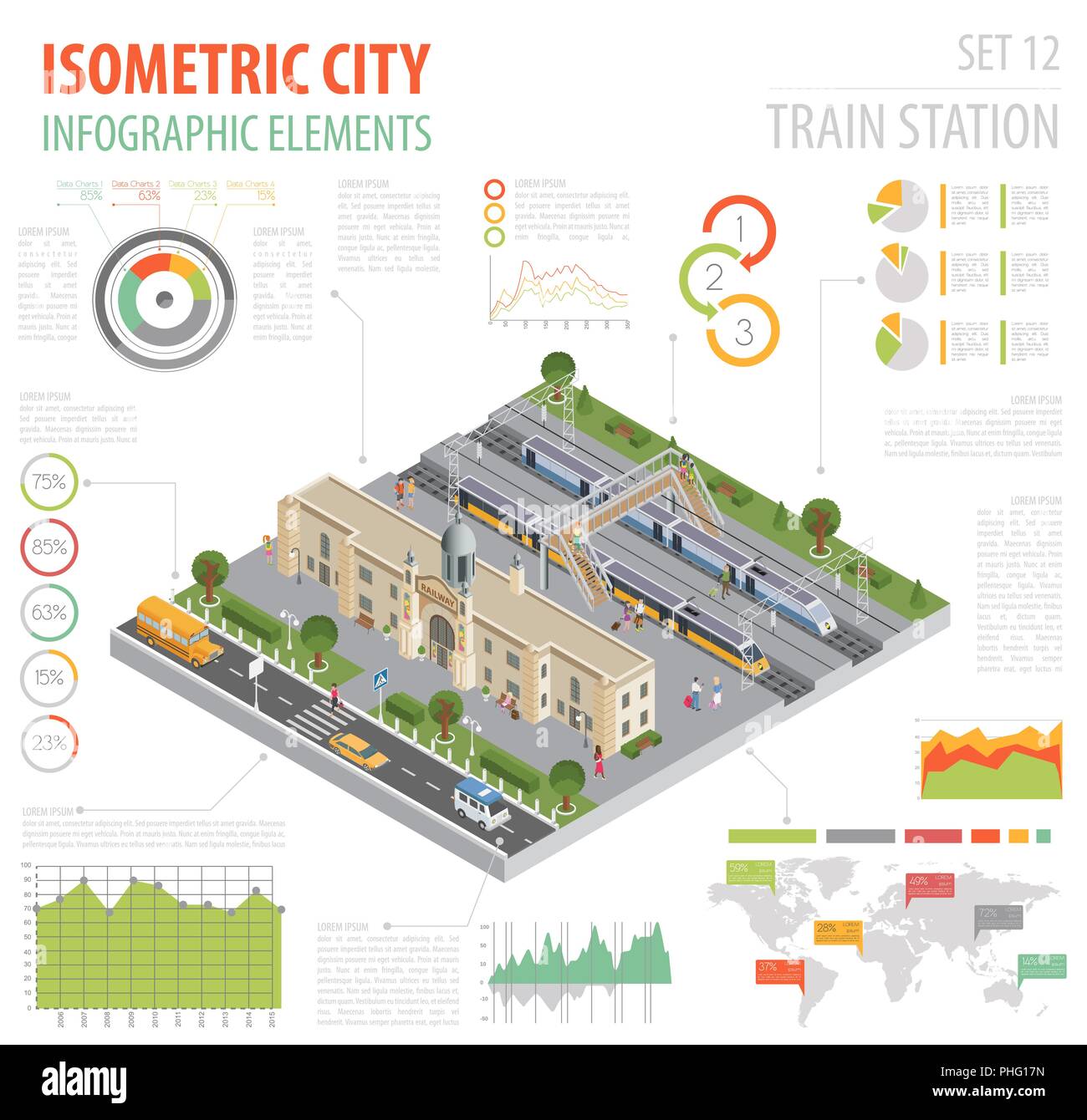 3d-isometrische Bahnhof und Stadtplan Konstruktor Elemente isoliert auf Weiss. Ihre eigene Bahn Infografik Sammlung aufzubauen. Vector Illustration Stock Vektor
