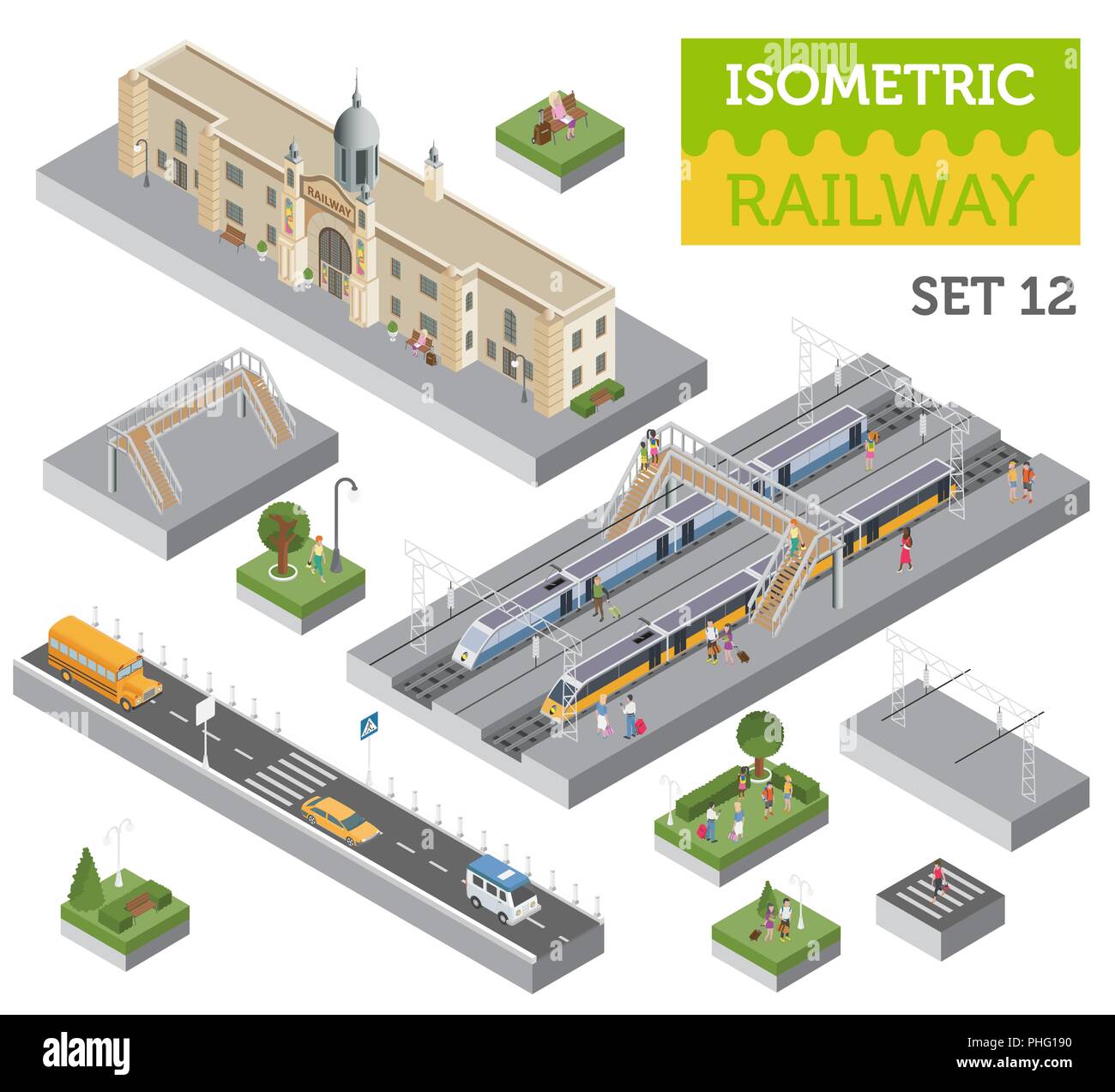 3d-isometrische Bahnhof und Stadtplan Konstruktor Elemente isoliert auf Weiss. Ihre eigene Bahn Infografik Sammlung aufzubauen. Vector Illustration Stock Vektor
