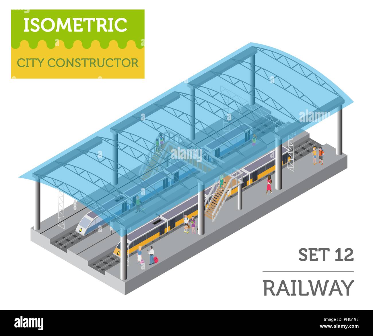 3d-isometrische Bahnhof und Stadtplan Konstruktor Elemente isoliert auf Weiss. Ihre eigene Bahn Infografik Sammlung aufzubauen. Vector Illustration Stock Vektor