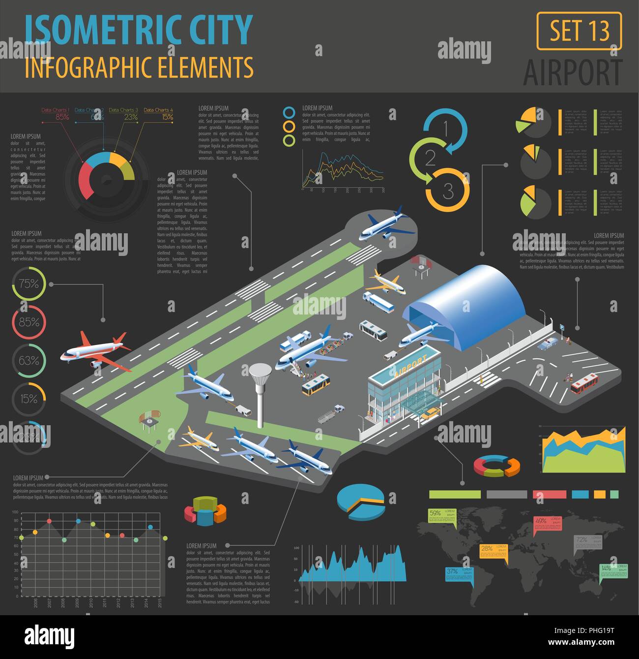 3d-isometrische Flughafen und City Map Konstruktor Elemente isoliert auf Weiss. Ihre eigene Infografik Sammlung aufzubauen. Vector Illustration Stock Vektor
