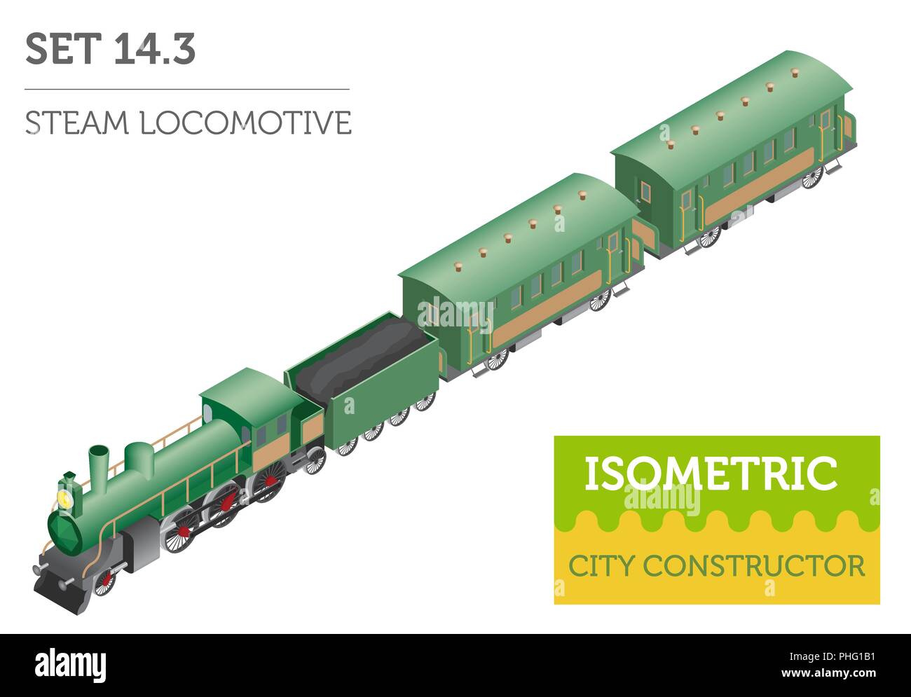 3d-isometrische retro Eisenbahn mit Dampflokomotive und Kutschen. Stadtplan Konstruktor Elemente. Ihre eigene Infografik Sammlung aufzubauen. Vektor Lllustrat Stock Vektor