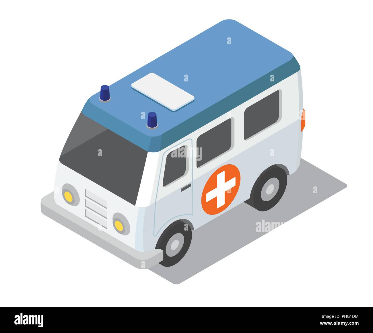 Wohnung 3 d isometrische Krankenwagen Auto für Stadtplan Klinik Konstruktor isoliert auf Weiss. Ihre eigene Infografik Sammlung aufzubauen. Vector Illustration Stock Vektor