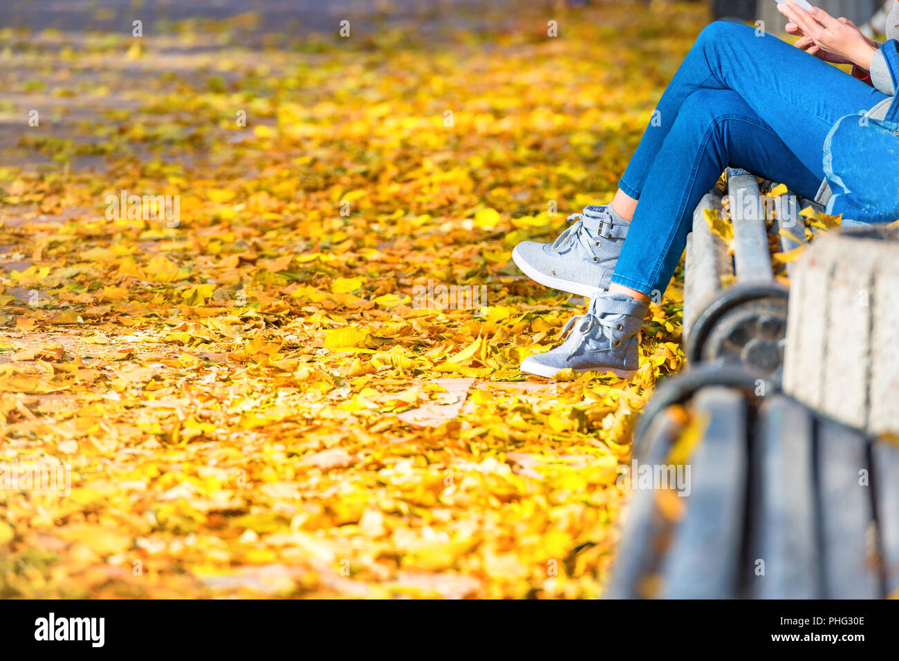 Junge Frau sitzt auf einer Bank im park Stockfoto