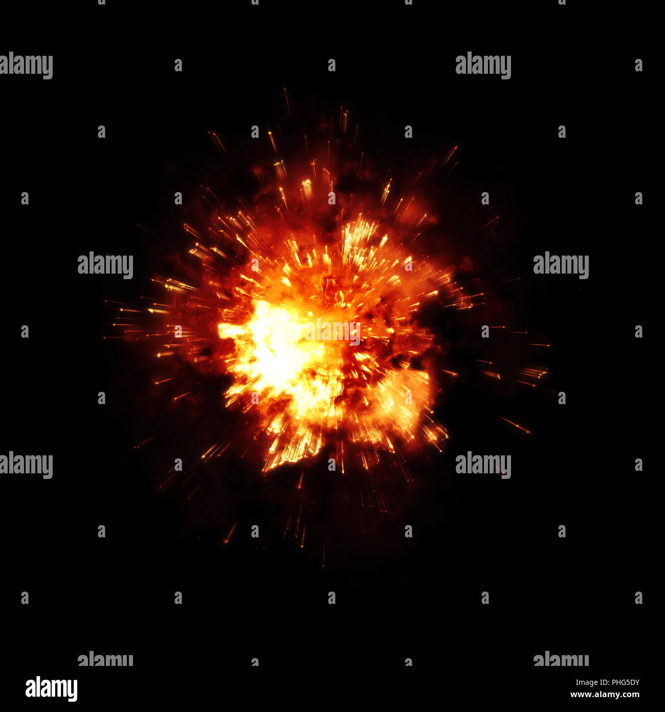 Eine detaillierte Brand Explosion auf schwarzem Hintergrund Stockfoto