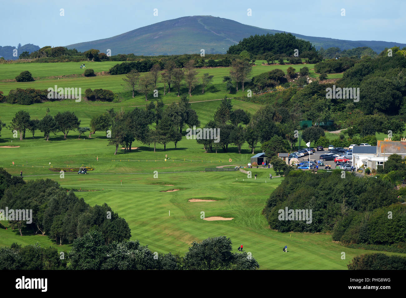 Überblick über Langland Bay Golf Club - ein 18-Loch Golfplatz in einem Gebiet von außergewöhnlicher natürlicher Schönheit mit Blick auf Langland Bay in der Nähe von Swansea, Wales, Großbritannien Stockfoto