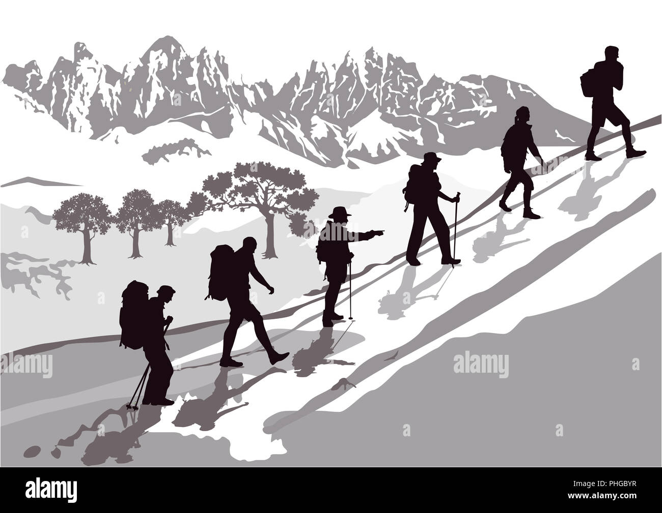 Bergsteigen in der Gruppe Stockfoto